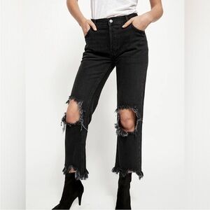Free People | We The Free Maggie Mid-Rise Straight Jeans, Black Distressed, 26